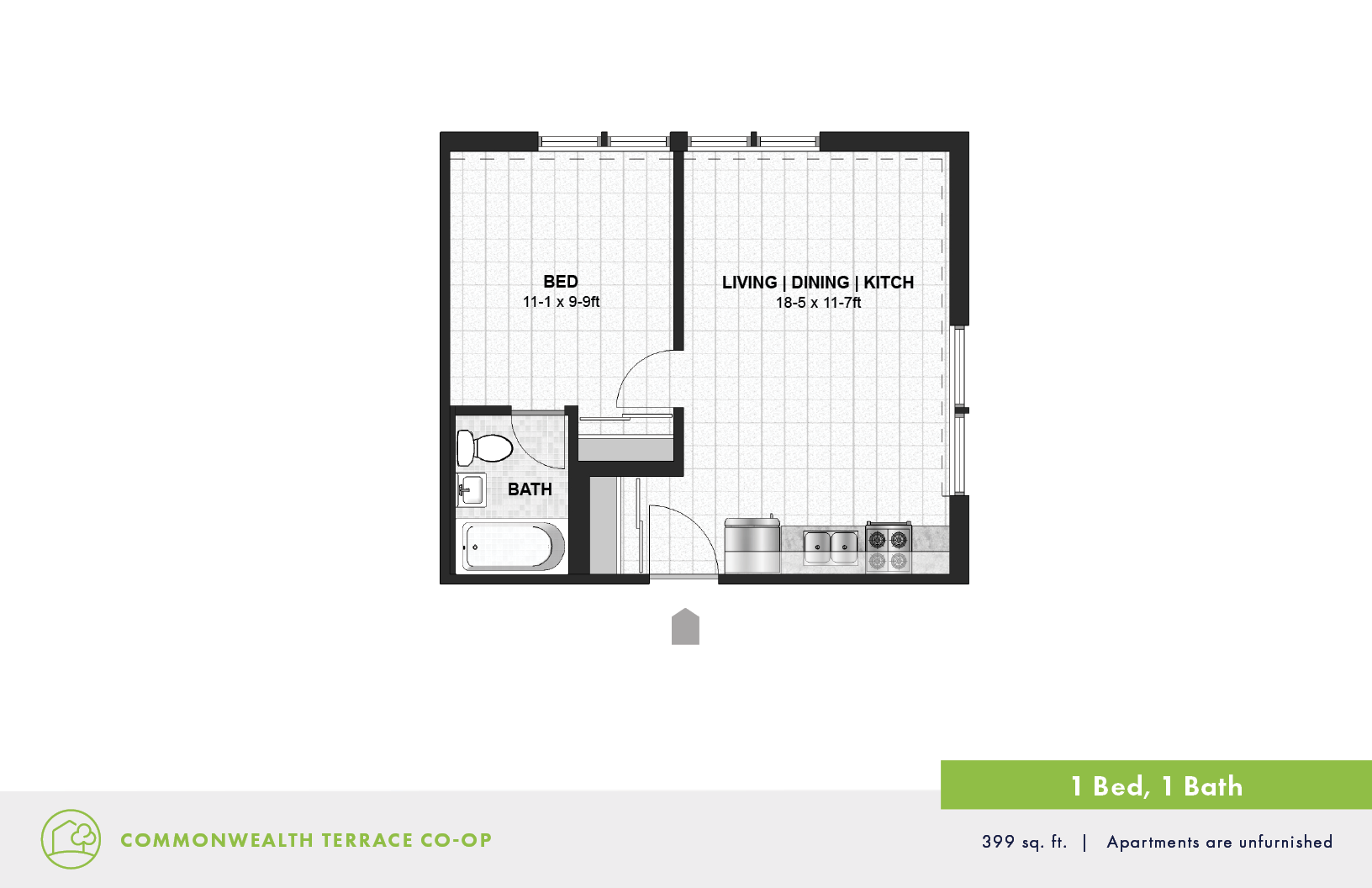Floor plan for 1 bed, 1 bath, 399 sqft